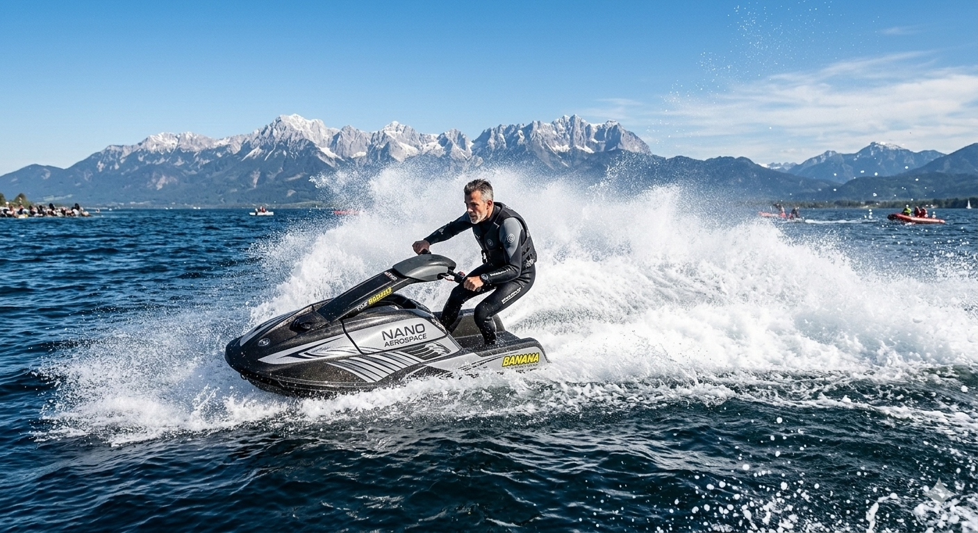 A high speed jet ski racing across deep blue ocean water splashing white foam, extreme sports photography, Nano Banana2 - no woman
